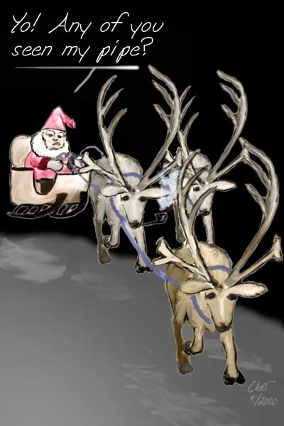 Santa, pipe, and reindeer
